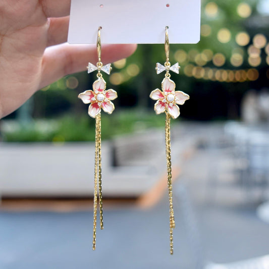 Red Flower Tassel Earrings - Asian Style Enamel Earrings