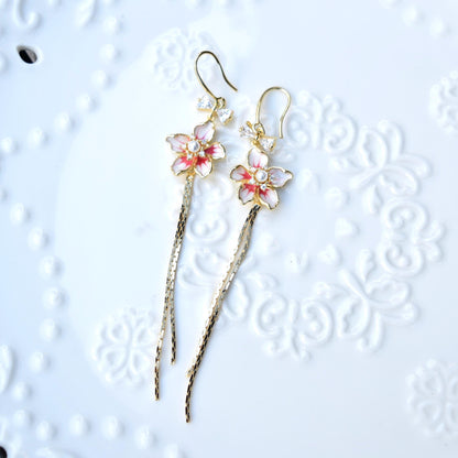 Red Flower Tassel Earrings - Asian Style Enamel Earrings
