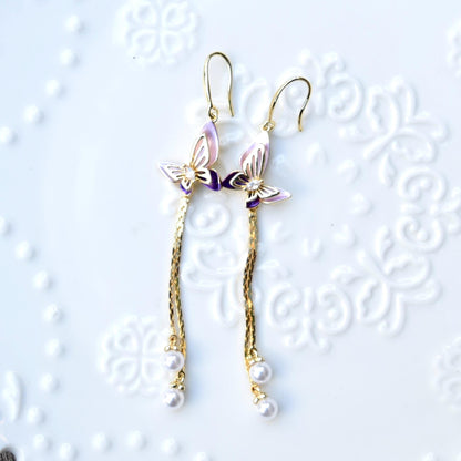 Purple Enamel Butterfly Tassel  Earrings