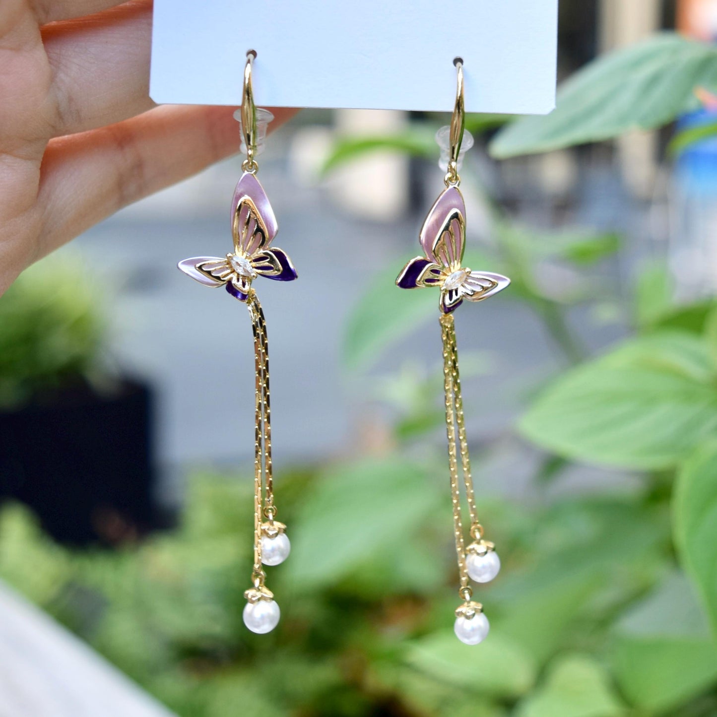 Purple Enamel Butterfly Tassel  Earrings