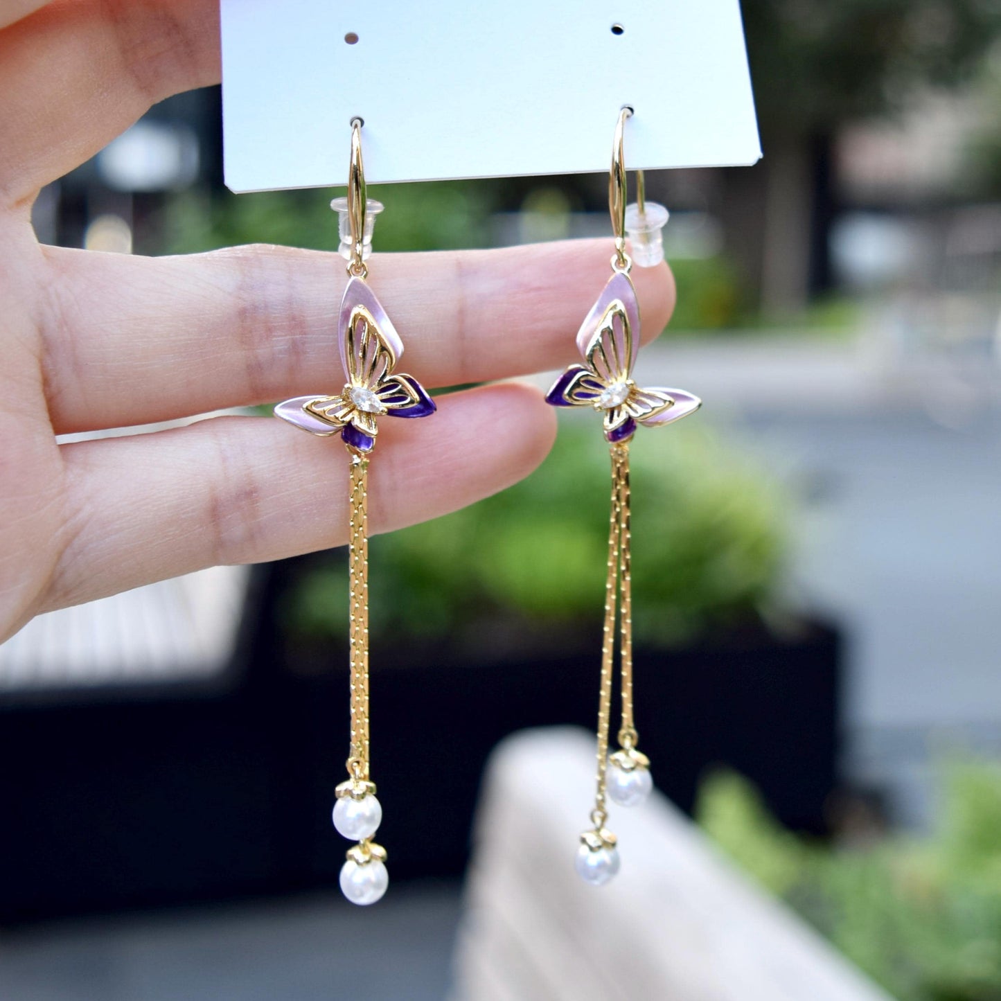 Purple Enamel Butterfly Tassel  Earrings