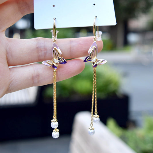 Purple Enamel Butterfly Tassel  Earrings
