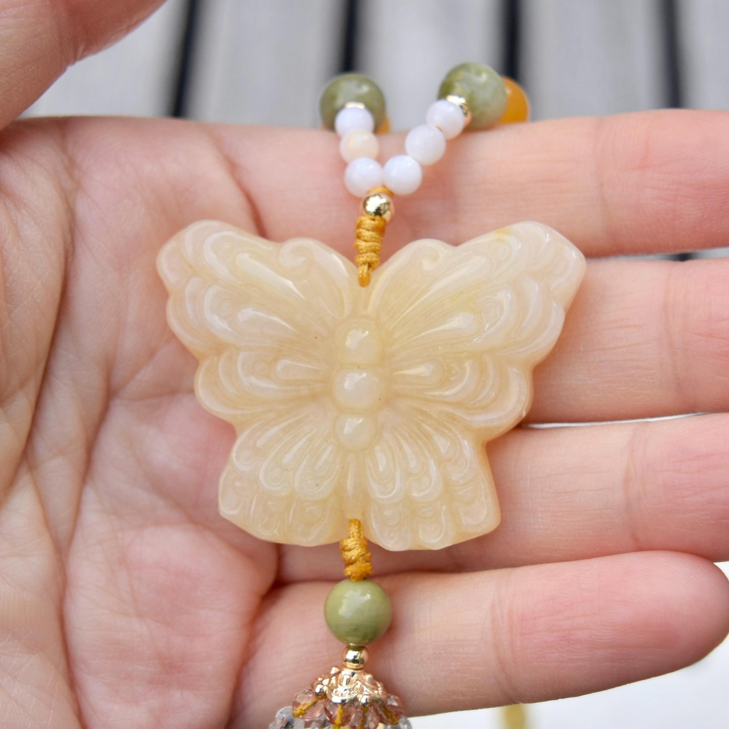 Yellow Jade Butterfly Necklace - Calcite Agate Beaded