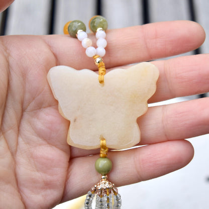 Yellow Jade Butterfly Necklace - Calcite Agate Beaded