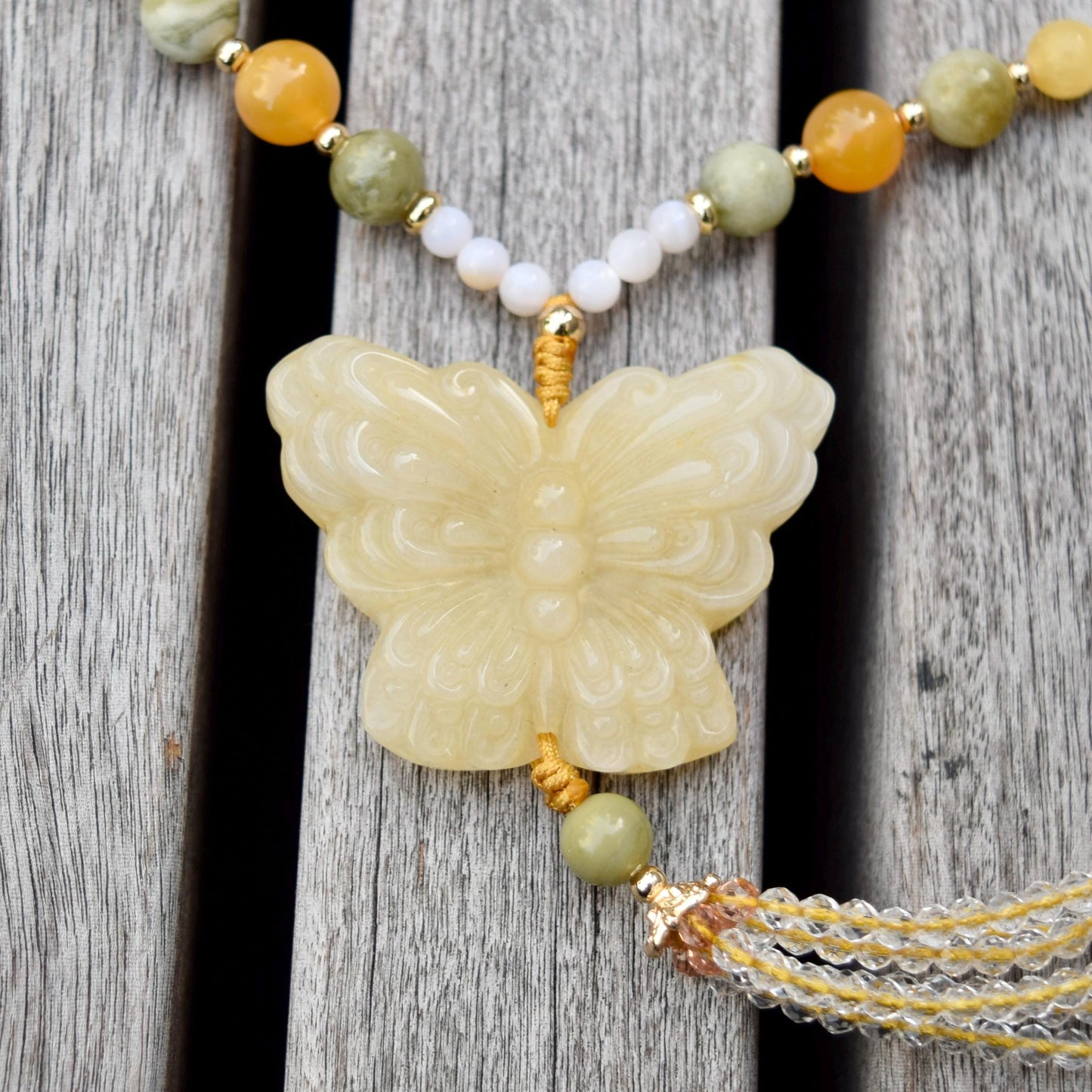 Yellow Jade Butterfly Necklace - Calcite Agate Beaded