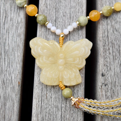 Yellow Jade Butterfly Necklace - Calcite Agate Beaded