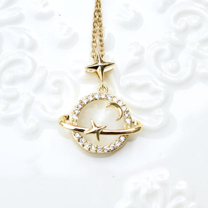 White Cat Eye Charm Necklace - Planet Fortune Bamboo - Stainless Steel