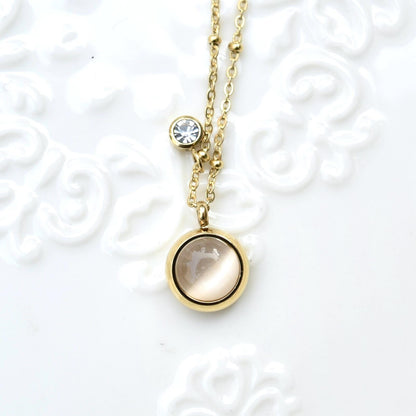 White Cat Eye Charm Necklace - Planet Fortune Bamboo - Stainless Steel