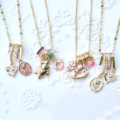 Enamel Horse Rose Charm Necklace - Oiling Painting Vintage Style