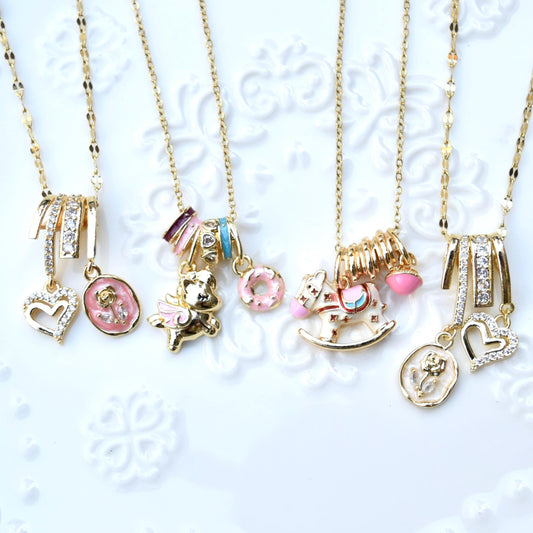 Enamel Horse Rose Charm Necklace - Oiling Painting Vintage Style