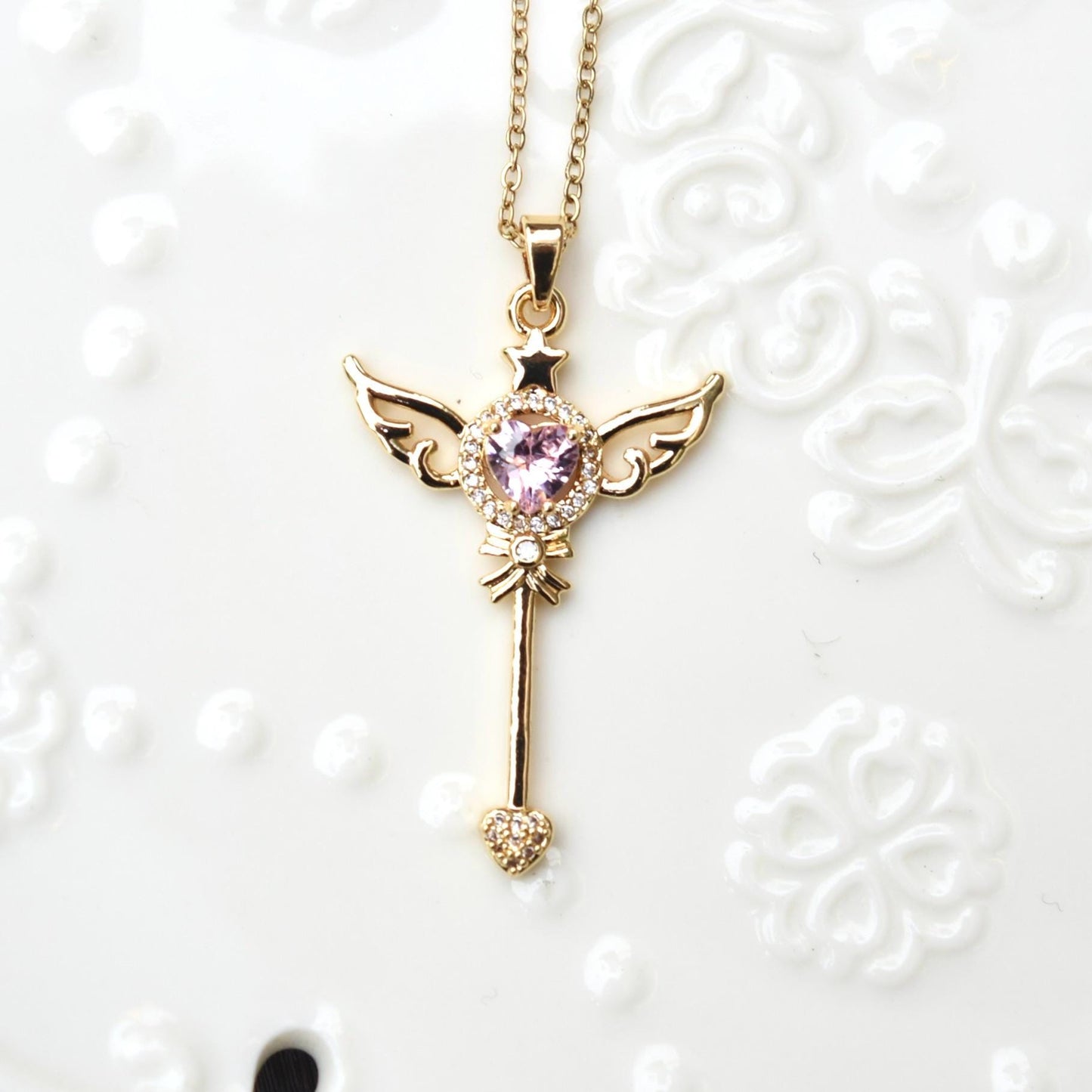 Diamond Angel Wings Charm Necklace - Cubic Zirconia Stainless Steel Necklace
