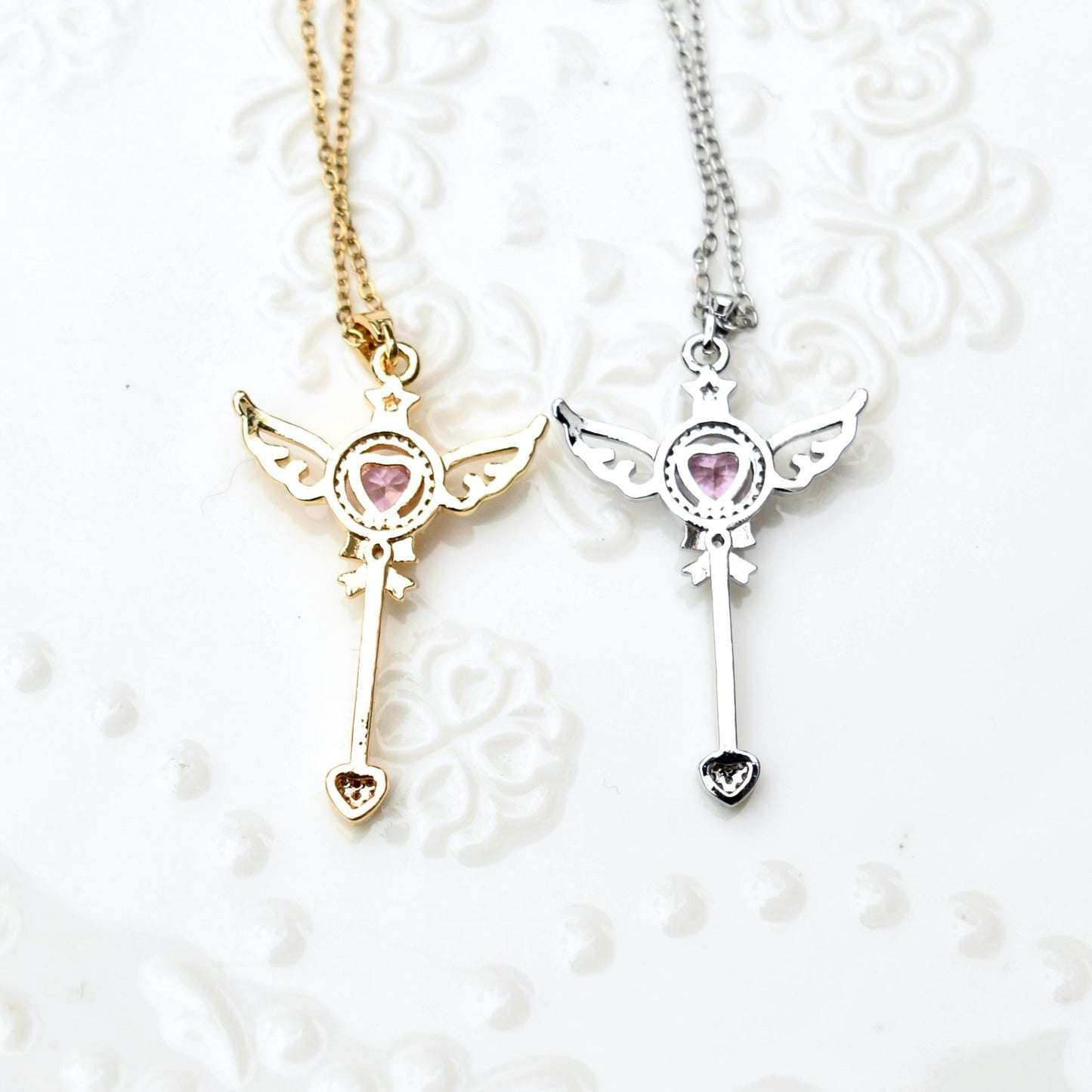 Diamond Angel Wings Charm Necklace - Cubic Zirconia Stainless Steel Necklace
