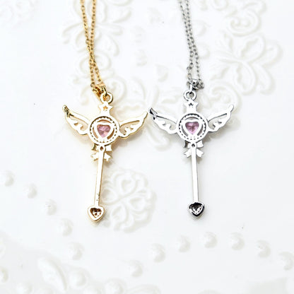 Diamond Angel Wings Charm Necklace - Cubic Zirconia Stainless Steel Necklace