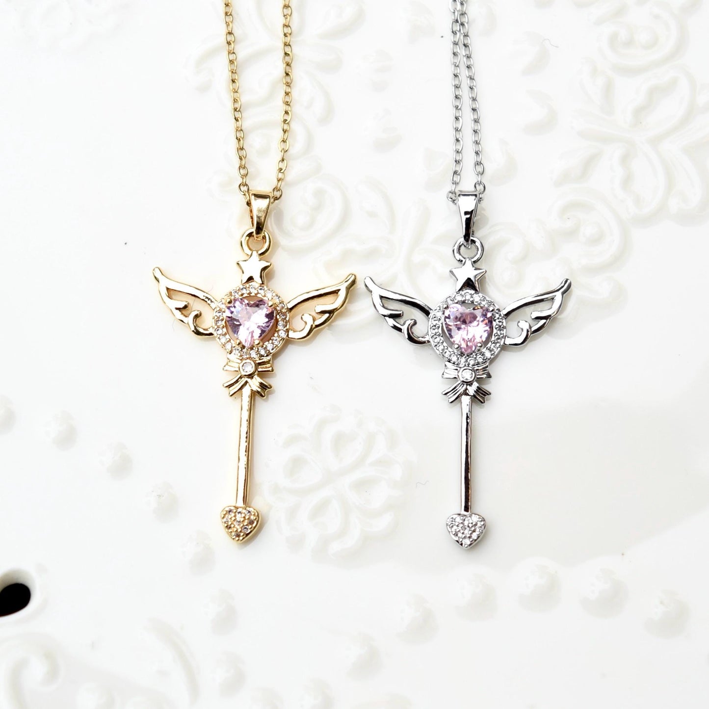 Diamond Angel Wings Charm Necklace - Cubic Zirconia Stainless Steel Necklace