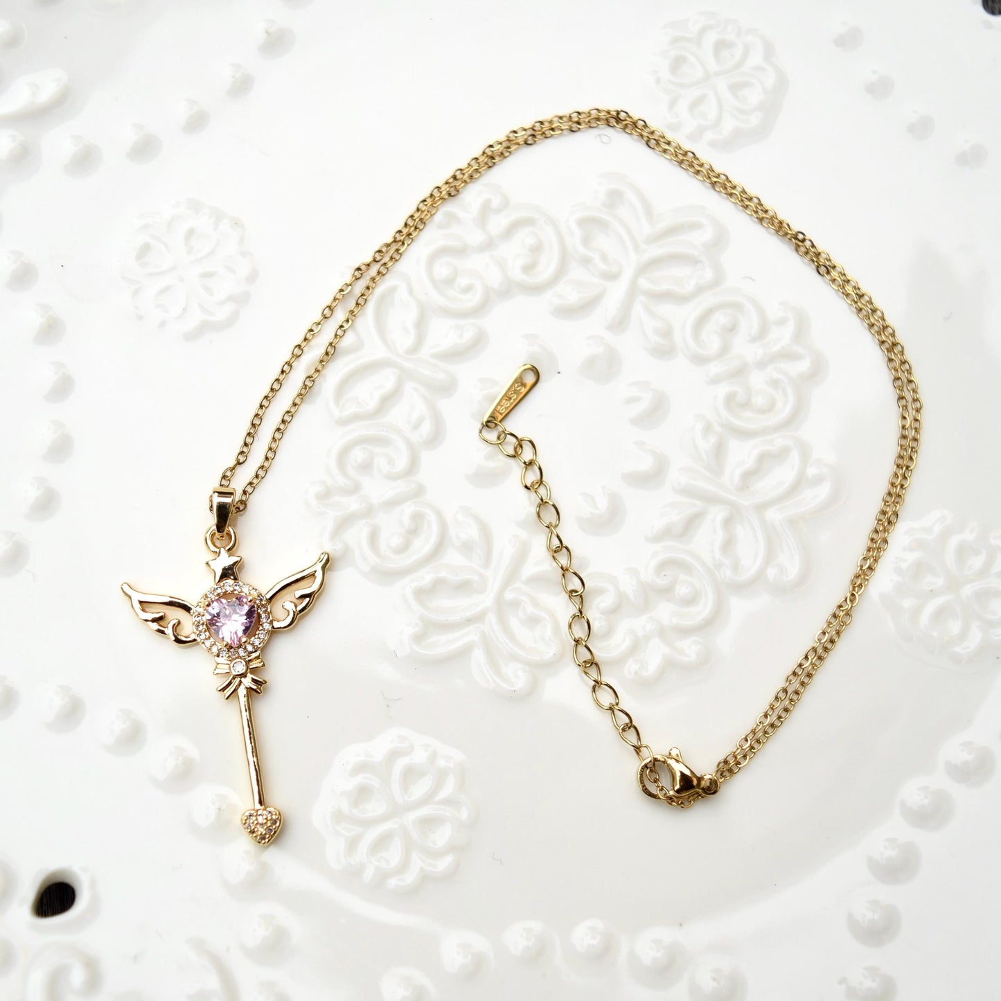 Diamond Angel Wings Charm Necklace - Cubic Zirconia Stainless Steel Necklace