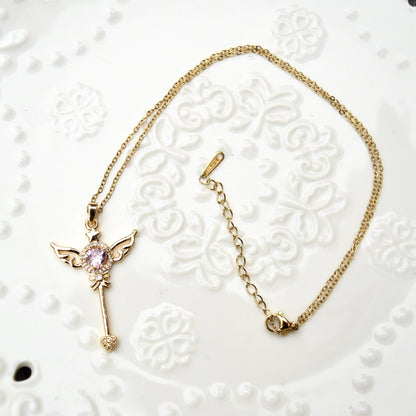 Diamond Angel Wings Charm Necklace - Cubic Zirconia Stainless Steel Necklace