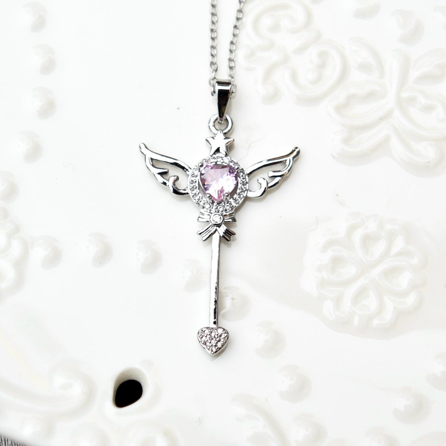Diamond Angel Wings Charm Necklace - Cubic Zirconia Stainless Steel Necklace