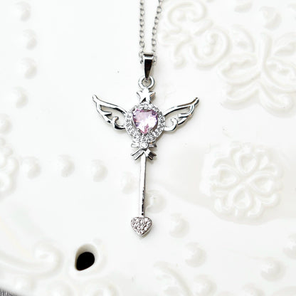 Diamond Angel Wings Charm Necklace - Cubic Zirconia Stainless Steel Necklace