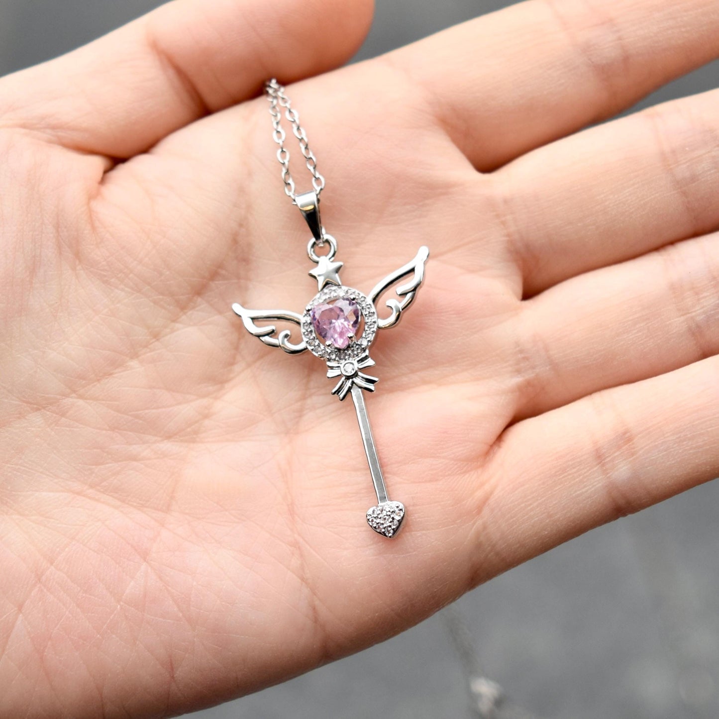 Diamond Angel Wings Charm Necklace - Cubic Zirconia Stainless Steel Necklace