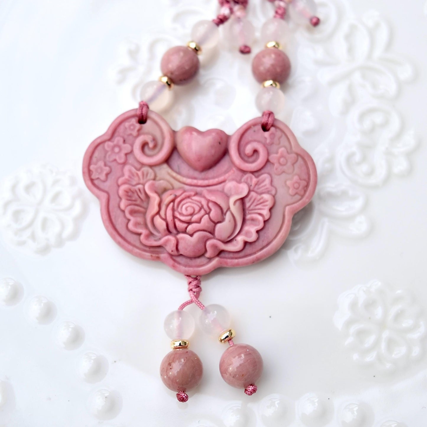 Pink Peony Lock Pendant Rope Necklace - Pink Jasper