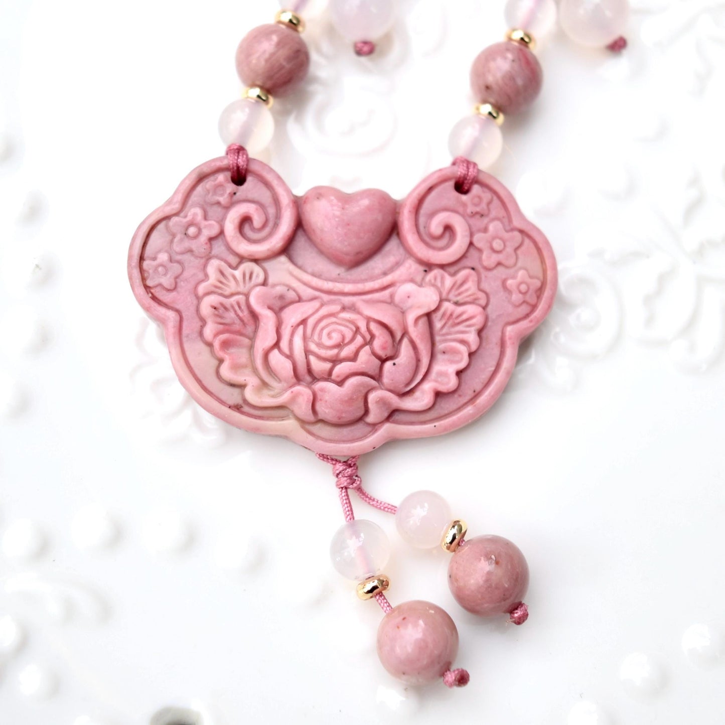 Pink Peony Lock Pendant Rope Necklace - Pink Jasper