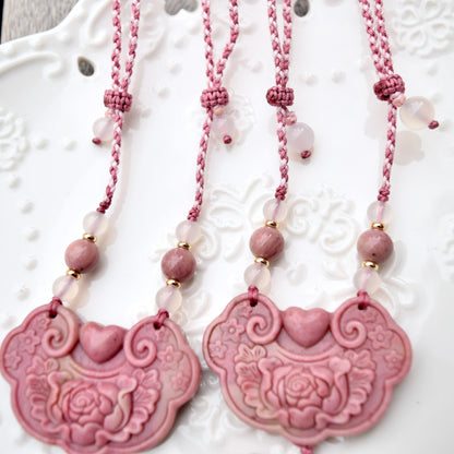 Pink Peony Lock Pendant Rope Necklace - Pink Jasper