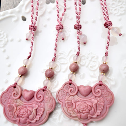 Pink Peony Lock Pendant Rope Necklace - Pink Jasper
