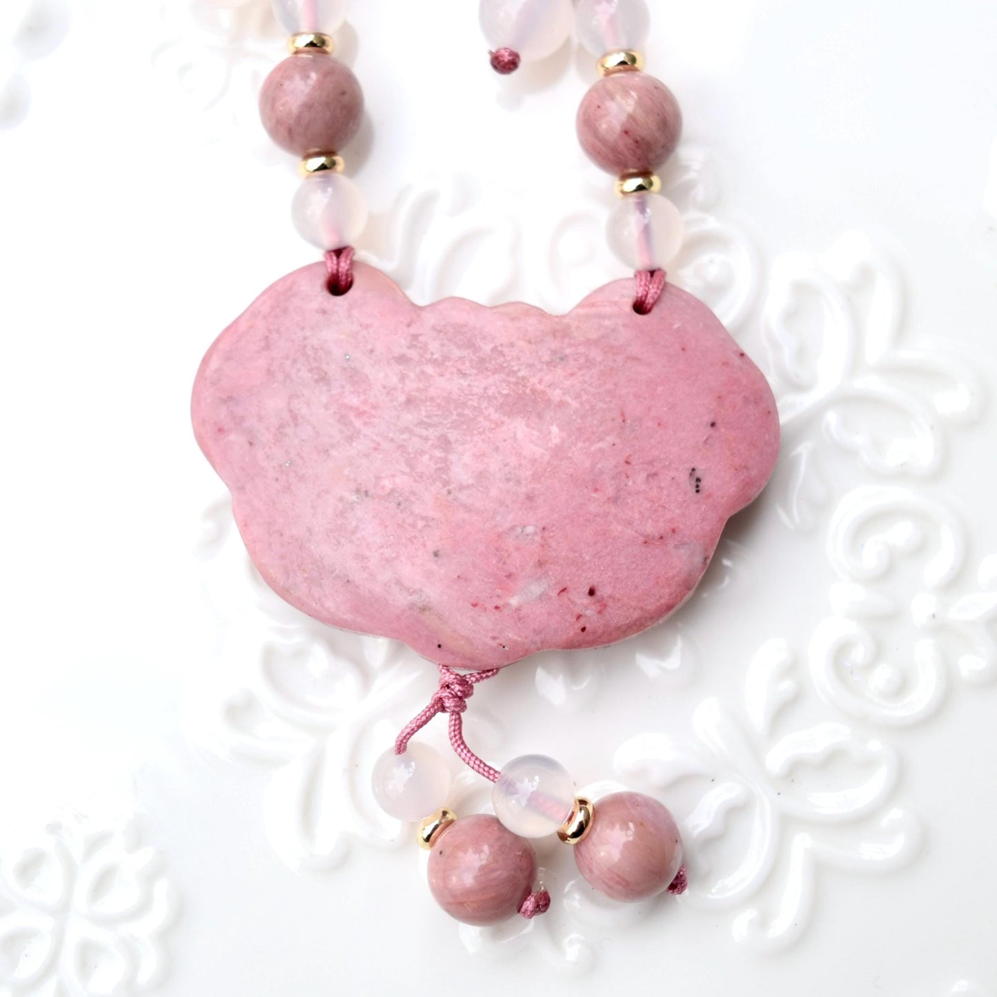 Pink Peony Lock Pendant Rope Necklace - Pink Jasper