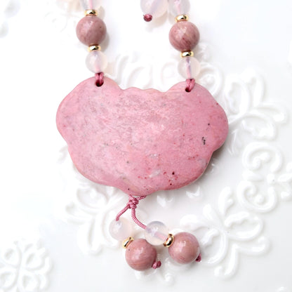 Pink Peony Lock Pendant Rope Necklace - Pink Jasper