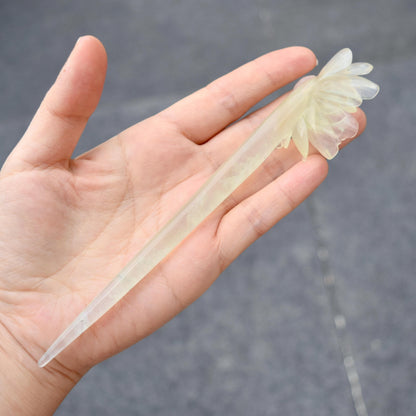 Green Icy Peony Carved Hairpin - Serpentine Jade Hair Stick