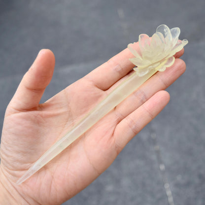 Green Icy Peony Carved Hairpin - Serpentine Jade Hair Stick