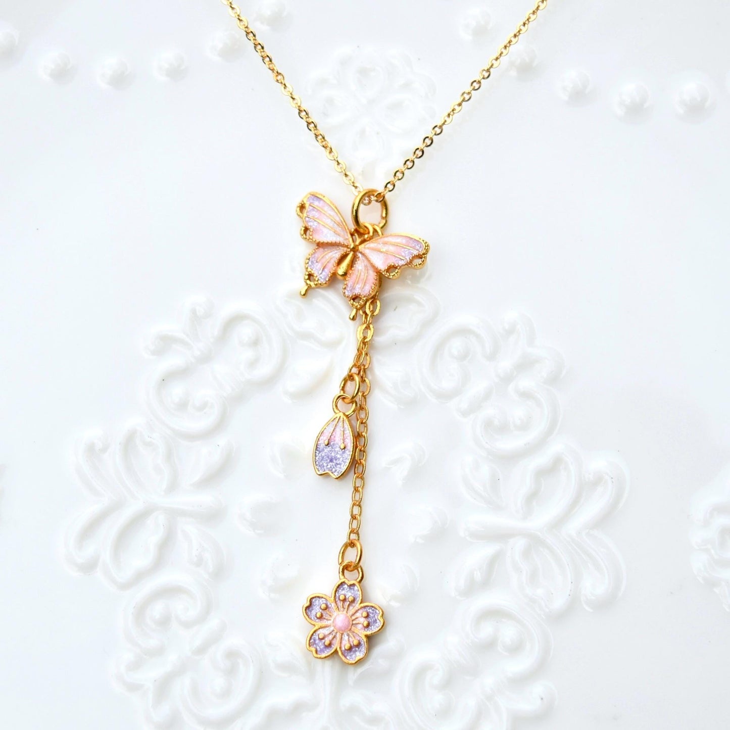 Purple Enamel Butterfly Sakura Charms Necklace - Vintage Style