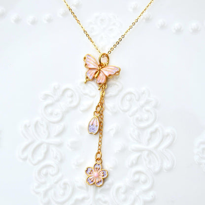 Purple Enamel Butterfly Sakura Charms Necklace - Vintage Style
