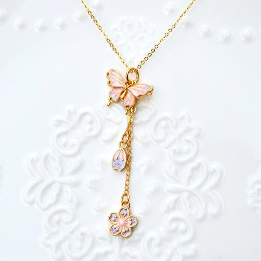 Purple Enamel Butterfly Sakura Charms Necklace - Vintage Style