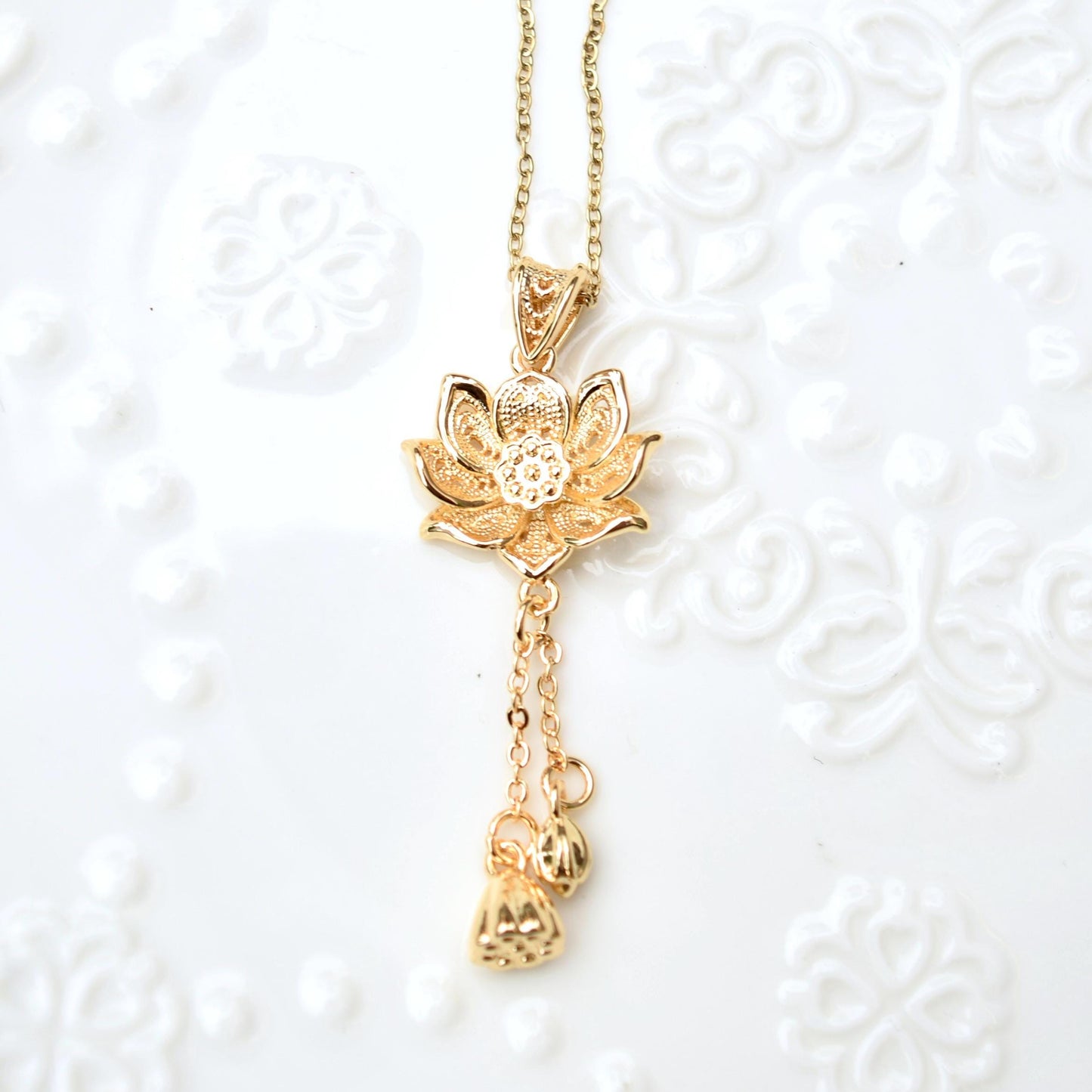 Golden Silver Lotus Charm Necklace - Stainless Steel