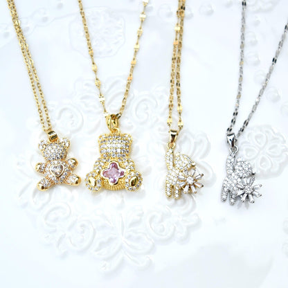 Diamond Bear Pendant Necklace - Cubic Zirconia Stainless Steel Necklace