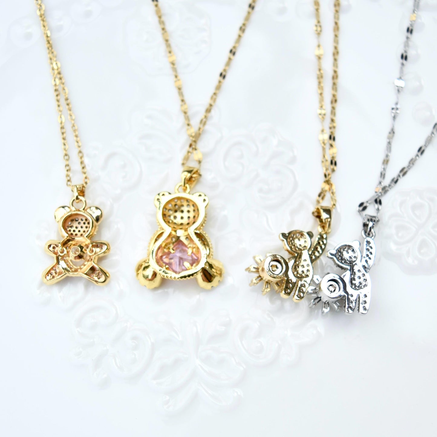 Diamond Bear Pendant Necklace - Cubic Zirconia Stainless Steel Necklace