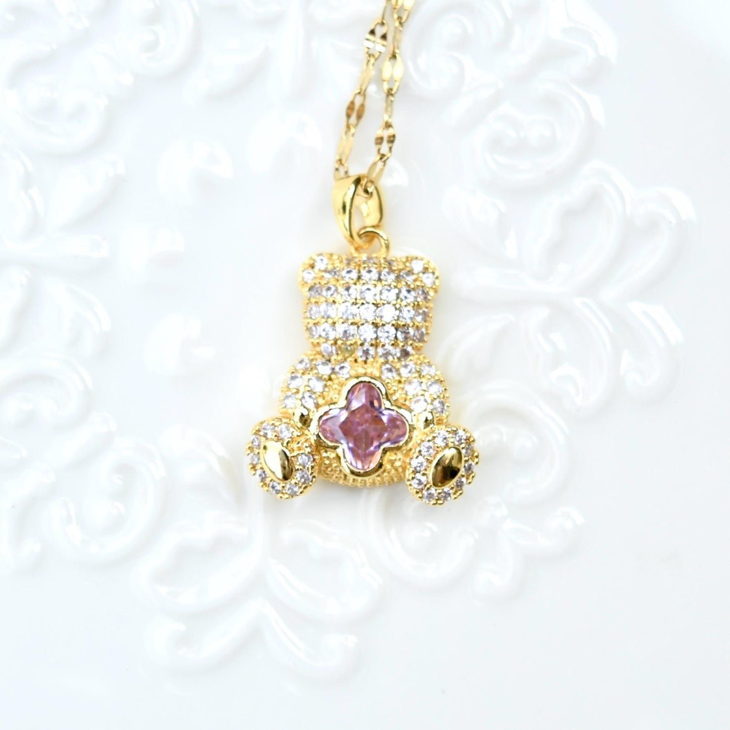 Diamond Bear Pendant Necklace - Cubic Zirconia Stainless Steel Necklace