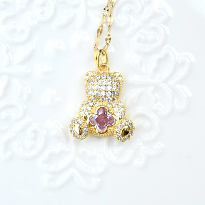 Diamond Bear Pendant Necklace - Cubic Zirconia Stainless Steel Necklace