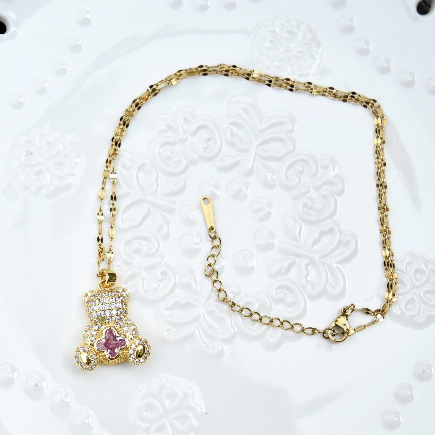 Diamond Bear Pendant Necklace - Cubic Zirconia Stainless Steel Necklace