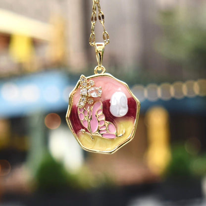 Enamel Pearl Butterfly Flora Charm Necklace - Vintage Style