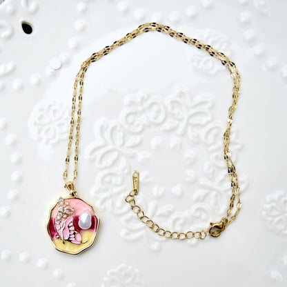 Enamel Pearl Butterfly Flora Charm Necklace - Vintage Style