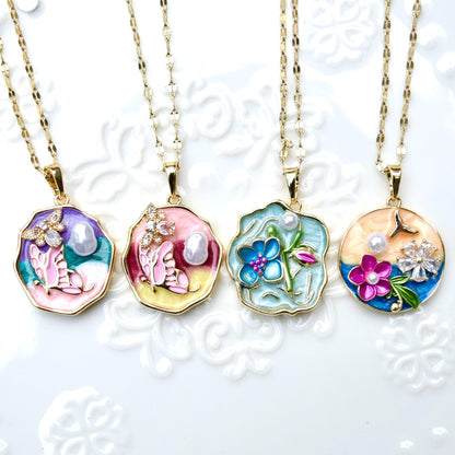 Enamel Pearl Butterfly Flora Charm Necklace - Vintage Style