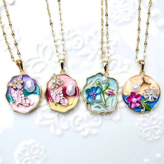 Enamel Pearl Butterfly Flora Charm Necklace - Vintage Style