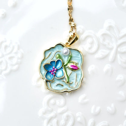 Enamel Pearl Butterfly Flora Charm Necklace - Vintage Style
