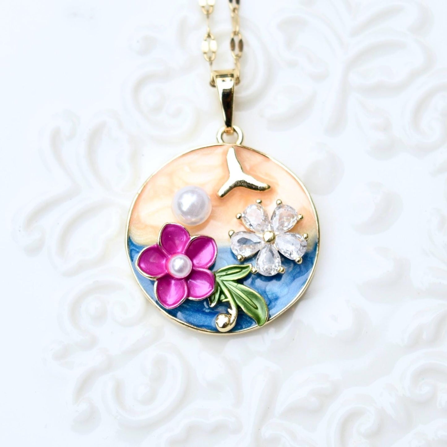 Enamel Pearl Butterfly Flora Charm Necklace - Vintage Style