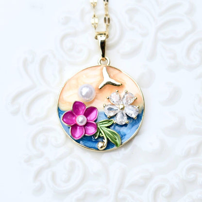 Enamel Pearl Butterfly Flora Charm Necklace - Vintage Style