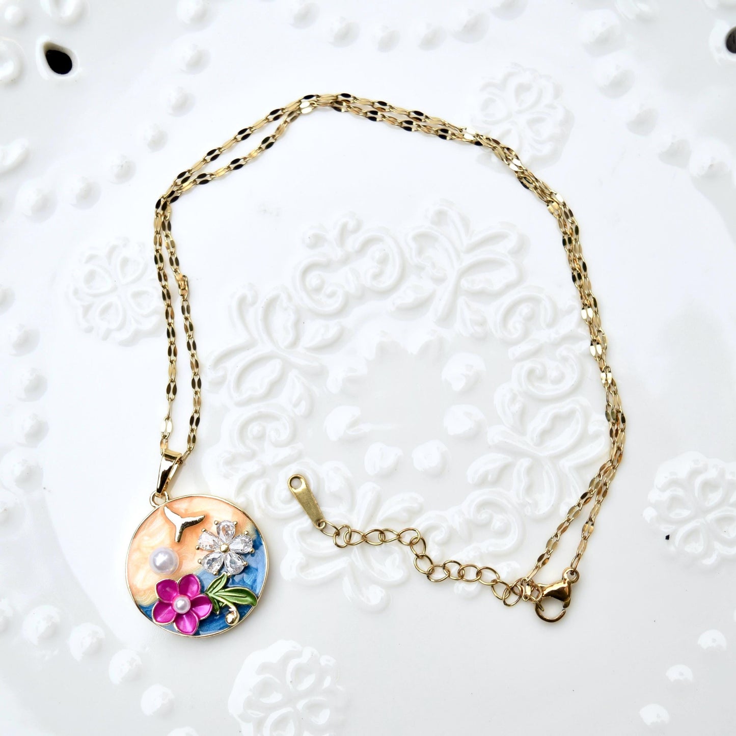 Enamel Pearl Butterfly Flora Charm Necklace - Vintage Style