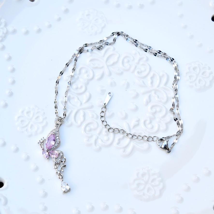 Colorful Crystal Butterfly Necklace - Stainless Steel Necklace