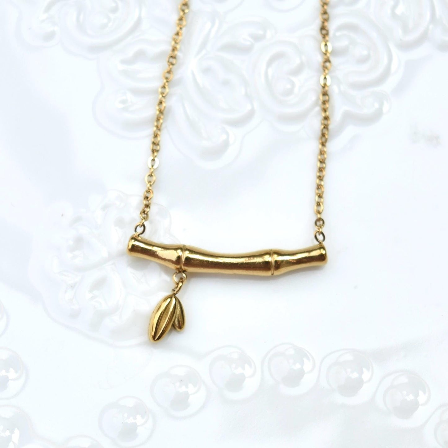 Pea Bamboo Fish Chinese Golden Charm Necklace - Stainless Steel